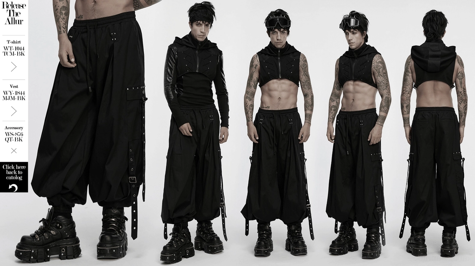Schwarze Gothic Cargohose Produkt Showcase mit allen Design-Elementen und Hardware Highlights Übersicht
