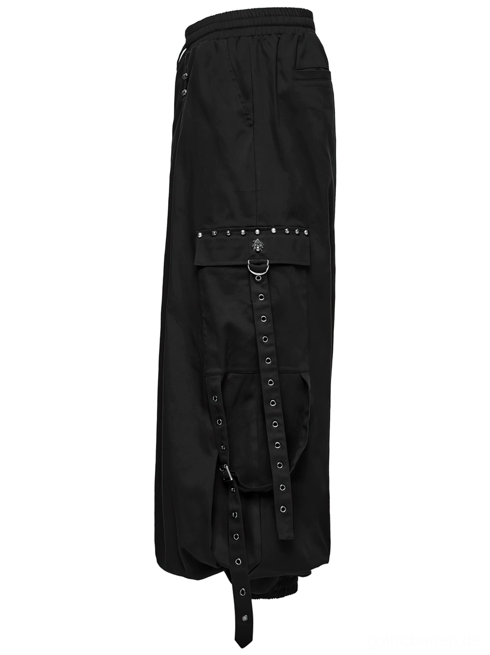 Schwarze Gothic Cargohose Seitenansicht Flat Lay mit großer Cargo-Tasche und Ösen-Riemen Metallhardware System
