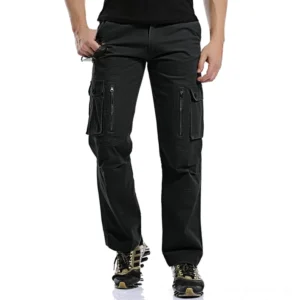 Gothic Tactical Cargohose schwarz Vorderansicht – Herren Military Arbeitshose mit Reißverschluss-Seitentaschen und gerader Beinform