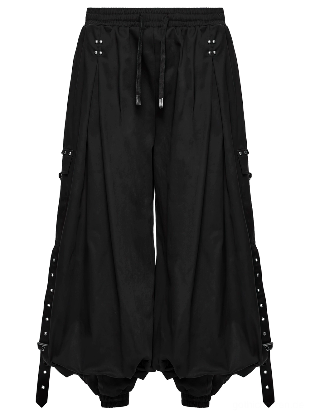 Schwarze Gothic Cargohose Vorderseite Flat Lay zeigt plissierte weite Beine und Cargo-Tasche Details mit Metallverzierungen