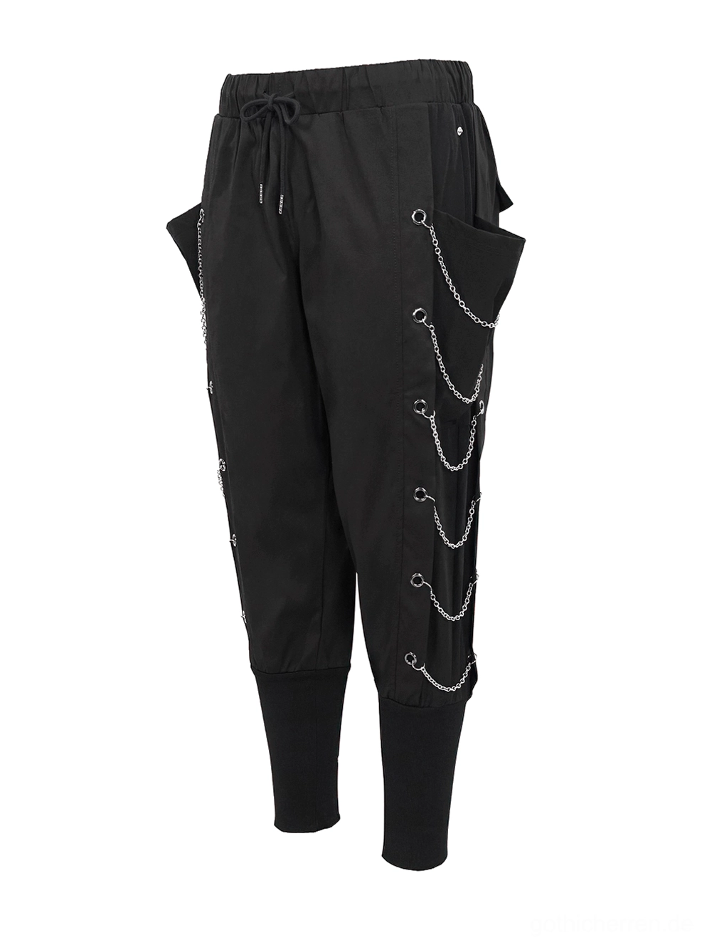 Seitenansicht schwarzer Gothic Cargohose Flat Lay mit taillierten Rippensäumen und Kettenösen-Verzierung