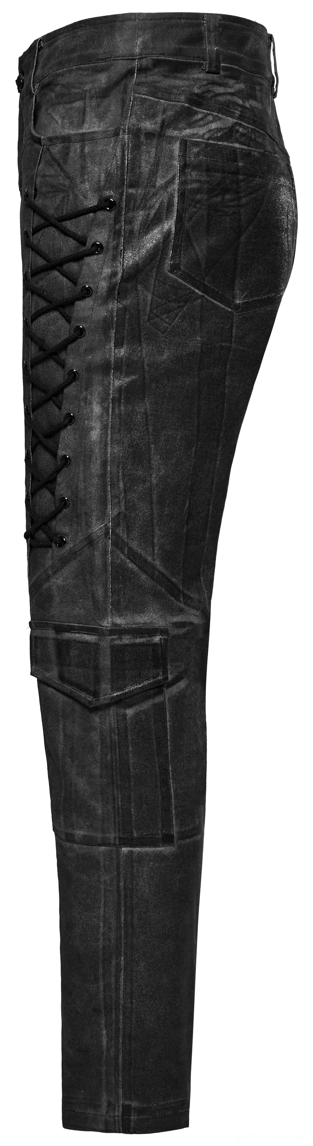 Seitenansicht Flat-Lay der Gothic Cargohose mit geflochtenim Schnürungspanel und verstärkten Knee-Distressed-Patches
