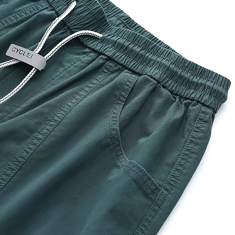 Gothic Cargo Cargohose Stofftextur und Webmuster Nahaufnahme-Detail der Baumwoll-Spandex-Mischung Qualität und Verarbeitungsstandard