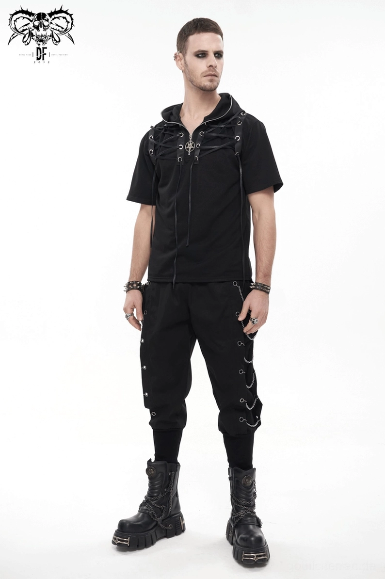 Unteres Bein und Saumdetail schwarzer Gothic Cargohose zeigt taillierten Design und Kettenösen-Trimm