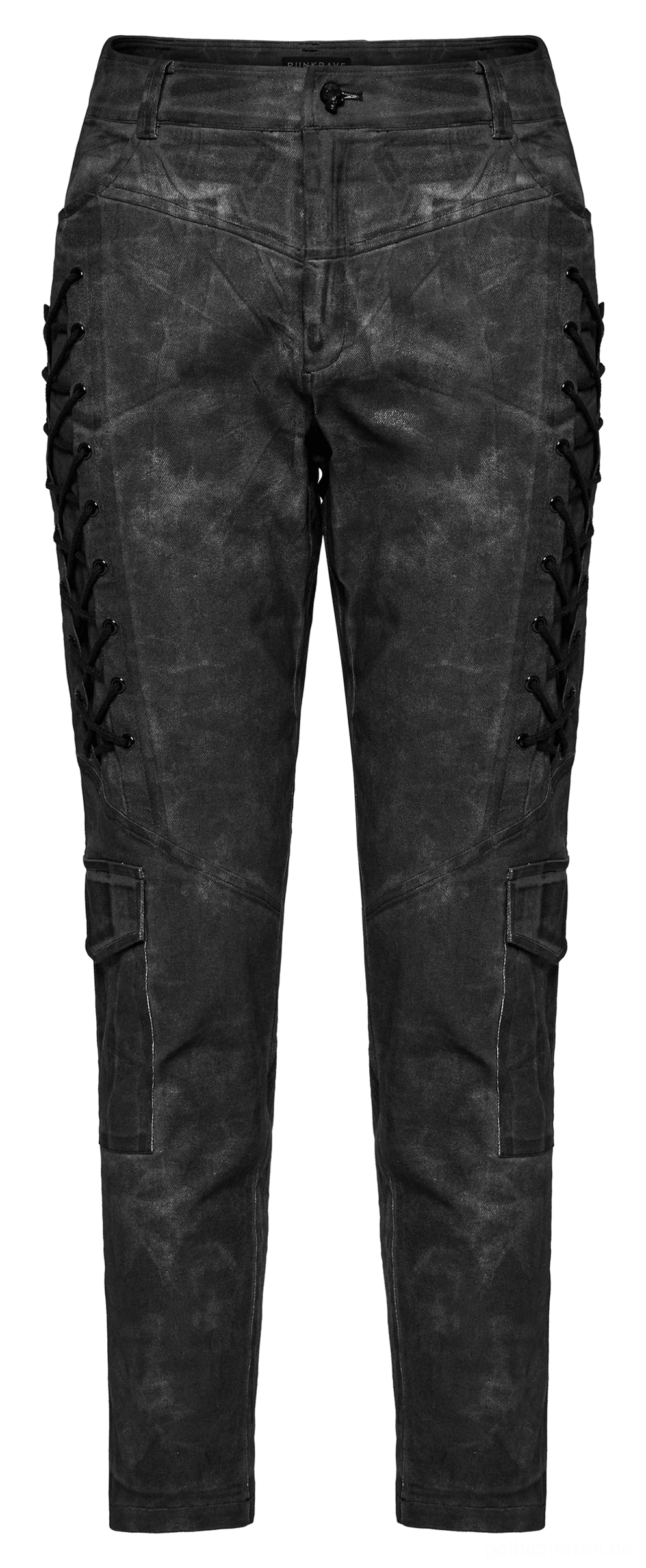 Vorderseite Flat-Lay der distressed Cargohose mit verblasster schwarzer Wachsbeschichtung und seitlicher Schnürungs-Trimm-Detail