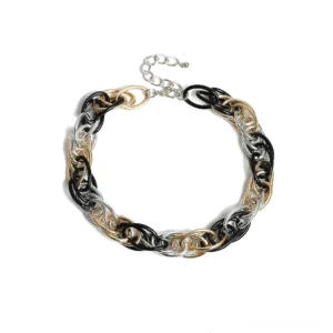 Massive Mixed-Metal Heavy Chain Halskette mit verschlungenen Gold-, Silber- und Schwarzmetall-Gliedern in dichtem Curb-Muster für Gothic Statement-Schmuck