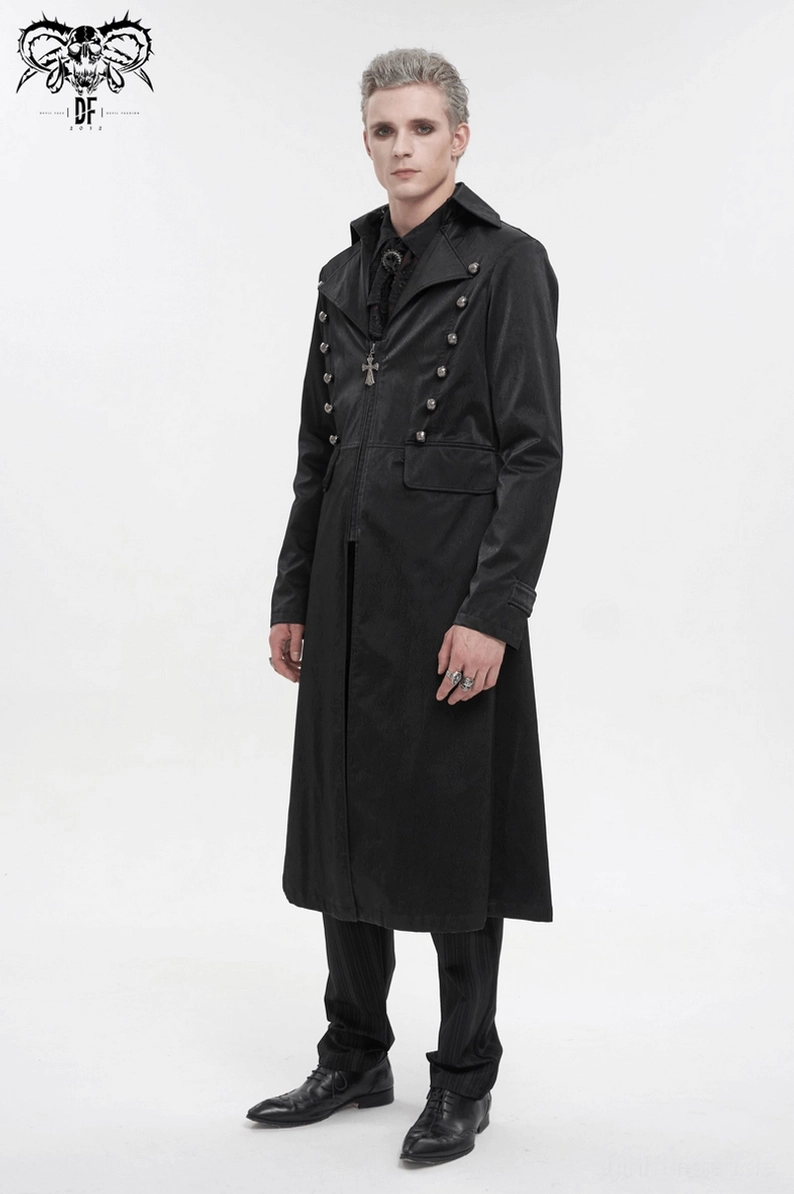 Schwarzer Leder-Gothic-Mantel Gesamtlänge Seitenansicht Schneiderpuppe Silhouette dramatisch Profil elegante Linien