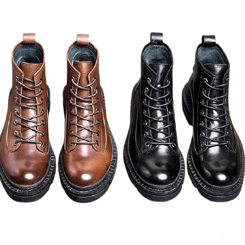 Paar schwarzer und brauner Gothic Combat Stiefel zeigt Farbvarianten und hochwertige Lederkonstruktion der Herren-Schnürstiefel