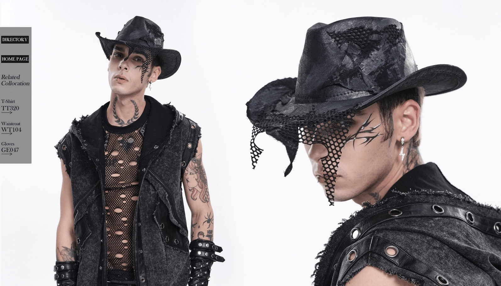 Gothic Cowboy Hut Detailansicht mit verwitterter Kunstleder-Krempe und künstlerischer Fischnetz-Patch-Konstruktion