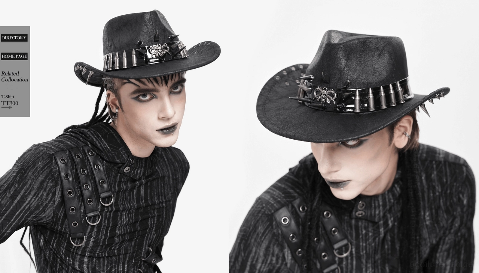 Gothic Cowboy Hut Textur-Nahaufnahme mit verwittertem schwarzem Kunstleder-Finish und Metallspitzen-Details, Materialqualität des alternativen Hutes