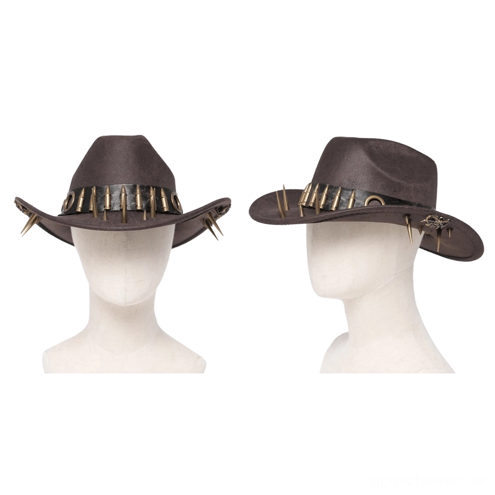 Zwei braune Gothic Cowboyhüte auf Schaufensterköpfen ausgestellt, Frontalansicht zeigt Metallkugel- und Spike-Hardware-Details, strukturiertes Kunstleder und industrielle Designelemente aus verschiedenen Winkeln