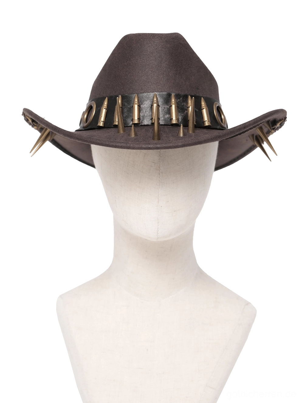 Brauner Gothic Cowboyhut auf Schaufensterbüste, zeigt Metallkugel-Ring-Hardware, Spike-Krempen-Trims und samtig-strukturierte Kunstlederoberfläche mit hochwertigem Finish und industriellem Charakter