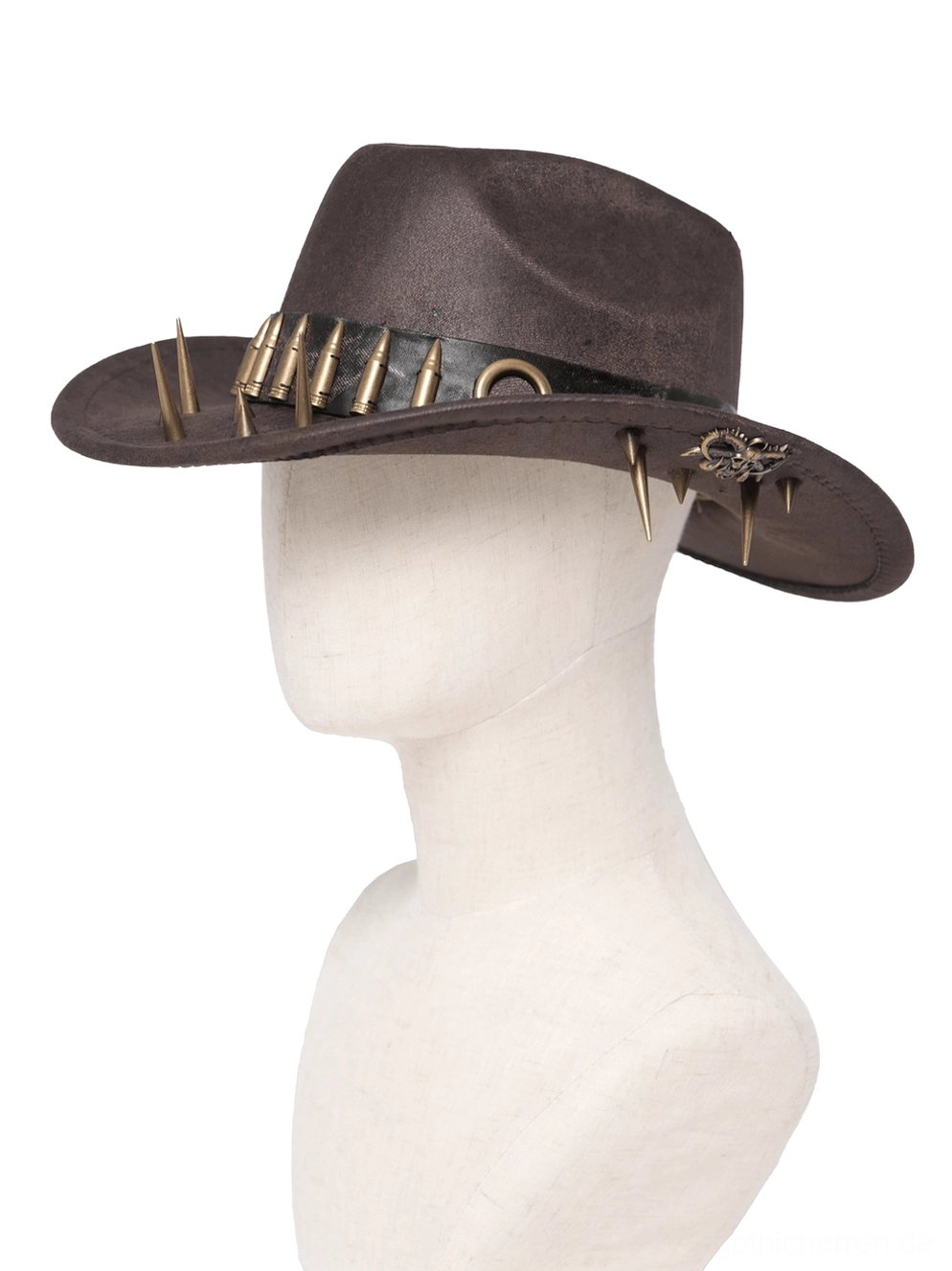 Seitenprofilansicht des braunen Gothic Cowboyhuts mit Metallkugel-Krone-Trim, Krempen-Spikes und gotischem Kreuzanhänger-Zubehör, zeigt Silhouette und handwerkliche Details des Hutdesigns