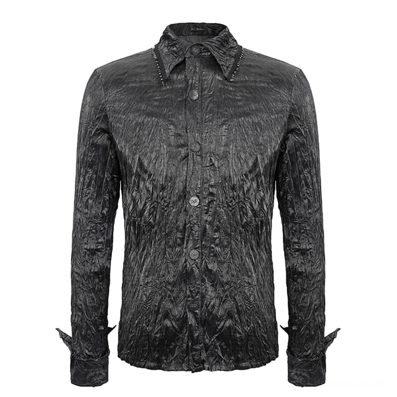 Gothic Crinkled schwarzes Hemd Flat-Lay Vorderansicht zeigt Crinkle-Kunstlederstoff Knopfleiste und dramatische spitze Manschetten