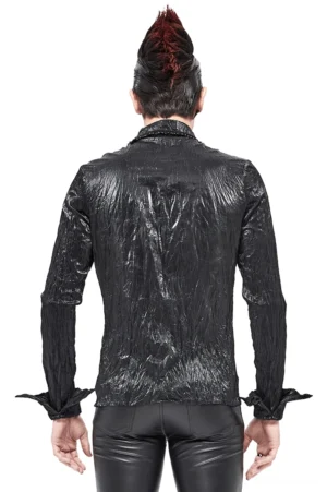 Gothic Crinkled Hemd Rückansicht Modell mit glatttem Rückenpanel taillierten Schnitt und Stutzenkragen-Metalltrim