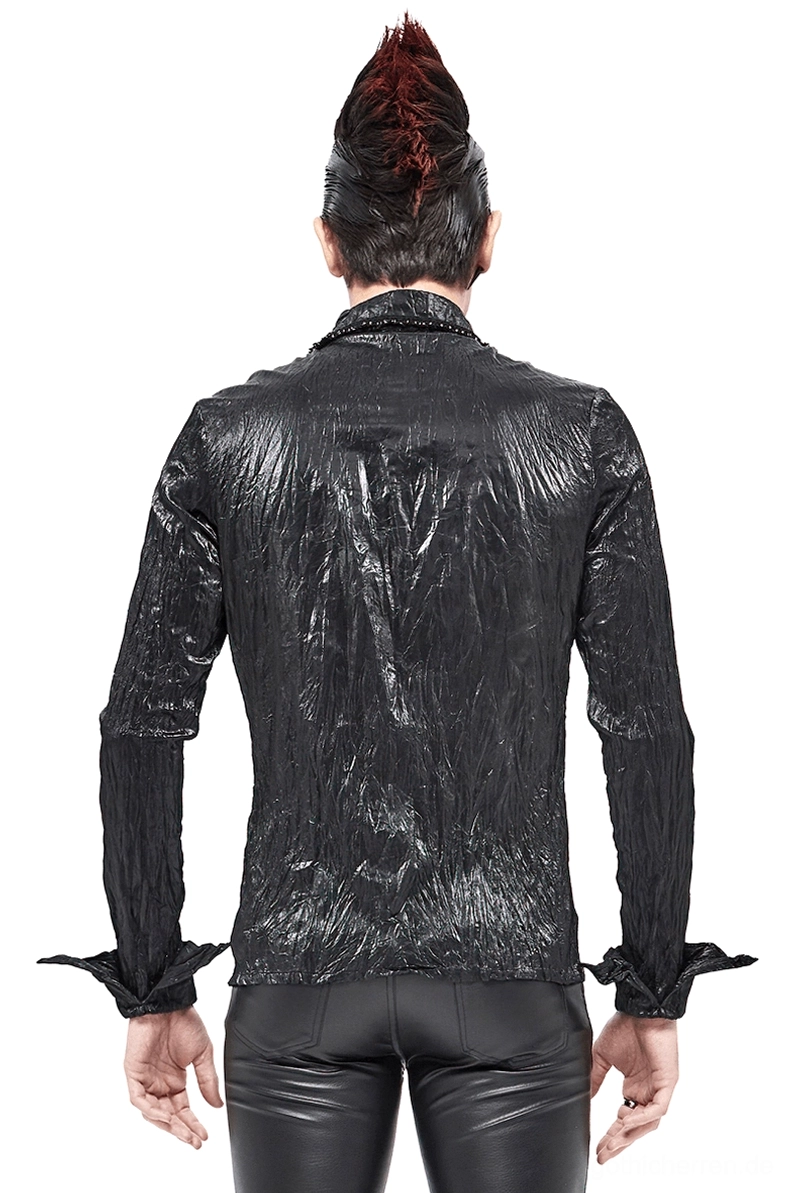 Gothic Crinkled Hemd Rückansicht Modell mit glatttem Rückenpanel taillierten Schnitt und Stutzenkragen-Metalltrim