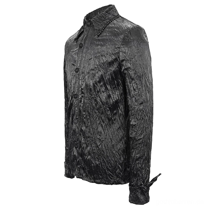 Gothic Crinkled Punk Hemd Dreiviertels Flat-Lay Seitenansicht mit Crinkle-Stofftextur taillierten Konstruktionsdetails
