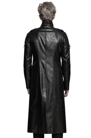 Herren Gothic Cyberpunk Kunstleder Trenchcoat Rückansicht – volle Länge mit taktischen Riemen und strukturierter Passform