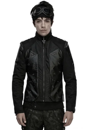 Schwarze Gothic Cyberpunk Ösen-Lederjacke Herren Vorderansicht mit Metall-Nieten Stand-Kragen und Chevron-Steppmuster