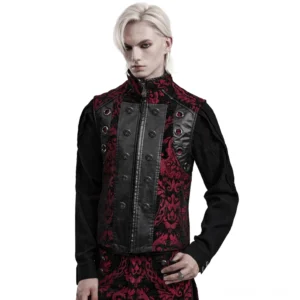 Rote und schwarze Gothic Damast Anzugweste mit Kunstlederspleißungen, getragen von platinblondem männlichen Modell in Studio-Setting, Vorderansicht mit Stehkragen und Metallhardware-Details