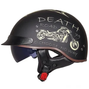 Gothic Death Road Half-Face Motorradhelm mattschwarz Frontansicht mit skelettalen Grafiken und integriertem Sonnenblende-Design für Biker