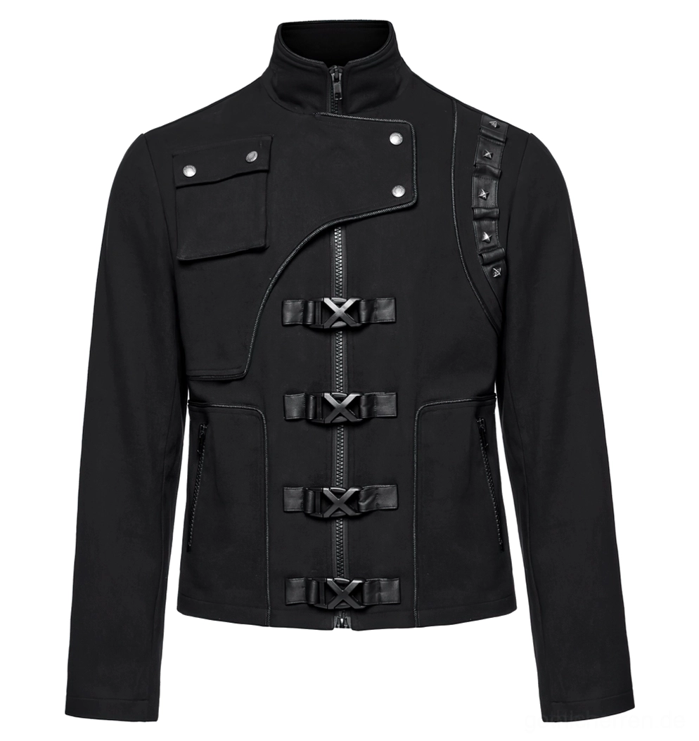 Flächige Vorderansicht der dekonstruierten Gothic Jacke mit Stehkragen und funktionaler Brusttasche auf weißem Hintergrund