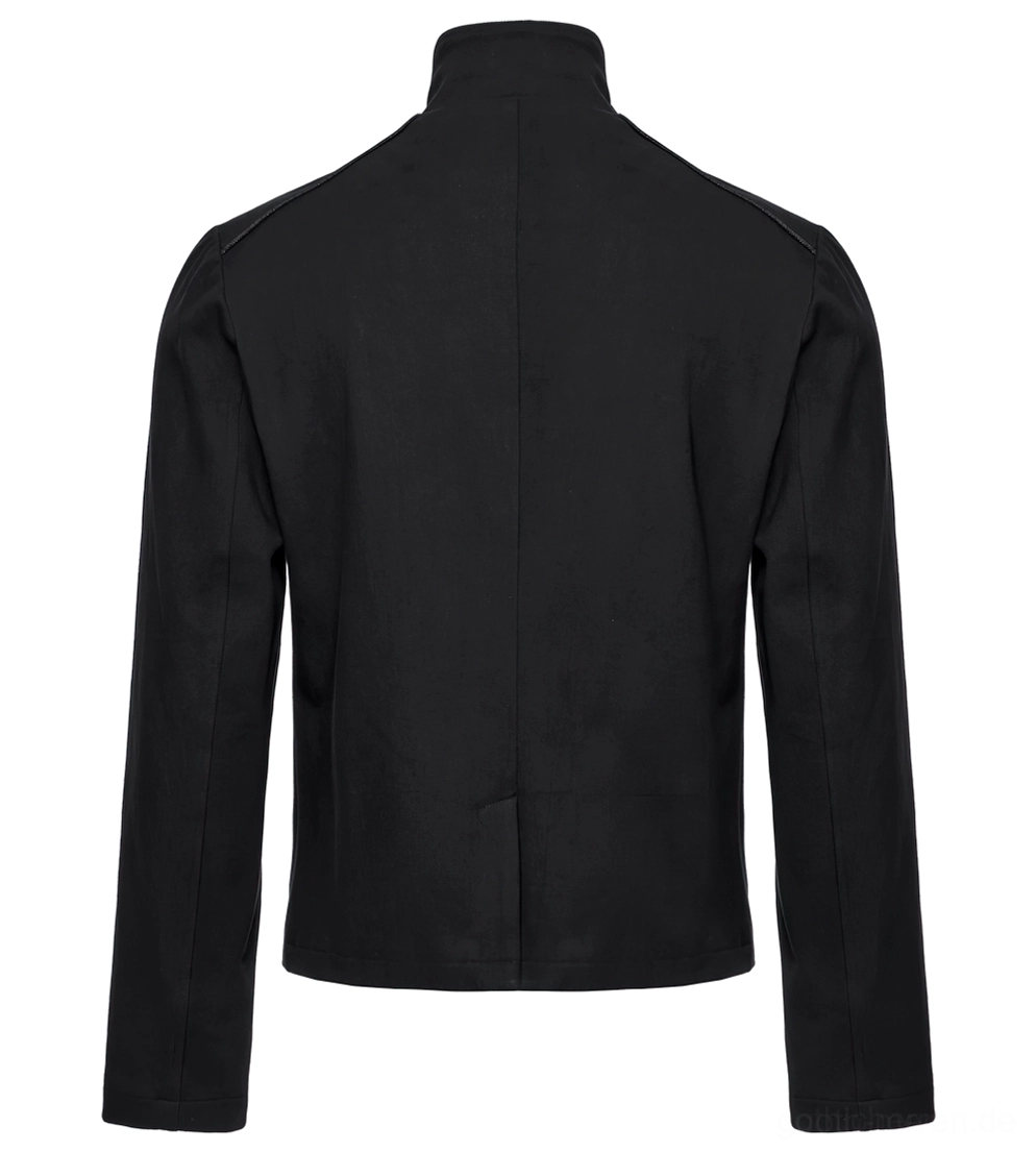 Flächige Rückseite der schwarzen Gothic Denim Jacke zeigt minimalistische Rückengestaltung und durchgehende schwarze Konstruktion