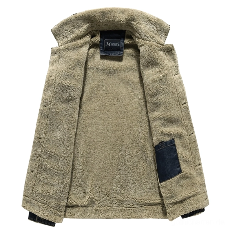 Innenansicht Herren Gothic Denim Jacke, durchgehende Kunstpelz-Shearling-Innenfütterung, Markeninnentag, verborgene Innentaschenspeicherung, khaki Fleece Lining Detail