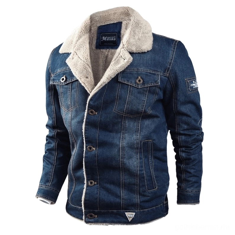 Herrn Gothic Denim Jacke mit luxuriösem Shearling Kragen, Vorder-Dreiviertel Ansicht, dunkle Waschung Heavy-Weight Winter Denim mit Kunstpelz-Innenfutter, verstellbare Manschetten und Druckknopf-Verschluss