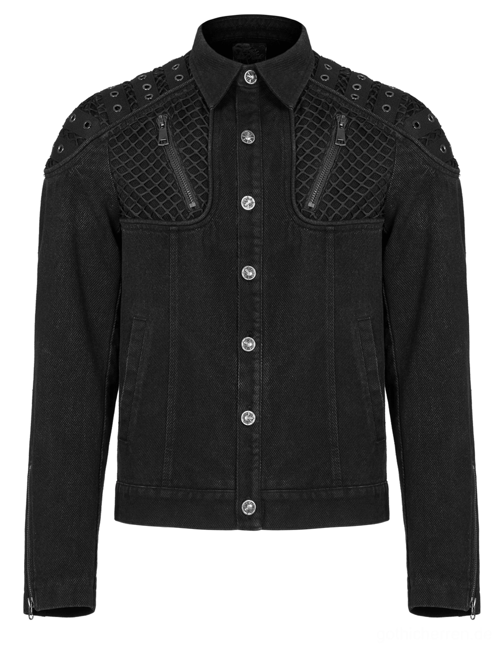 Schwarze Denim-Jacke Vorderansicht Flat-Lay mit Knopfverschluss, Frontzippern und Nieten-Schulterembellishments