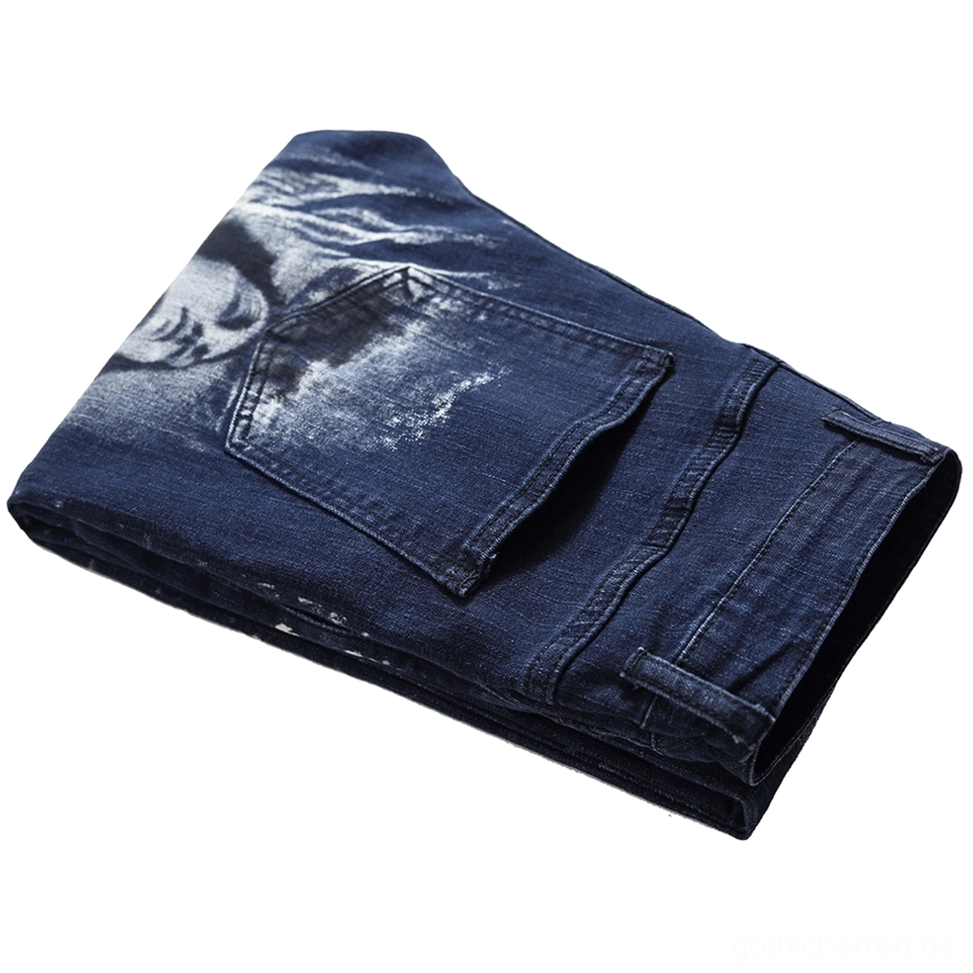 Gothic Denim Jeans Herren Seitenprofil gefaltet mit Taschendruck und Säure-Wasch-Textur Detailansicht