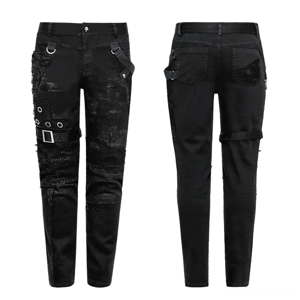 Flache Auf- und Rückansicht schwarzer Gothic-Jeans mit Metallhardware und Mesh-Stoffdetails