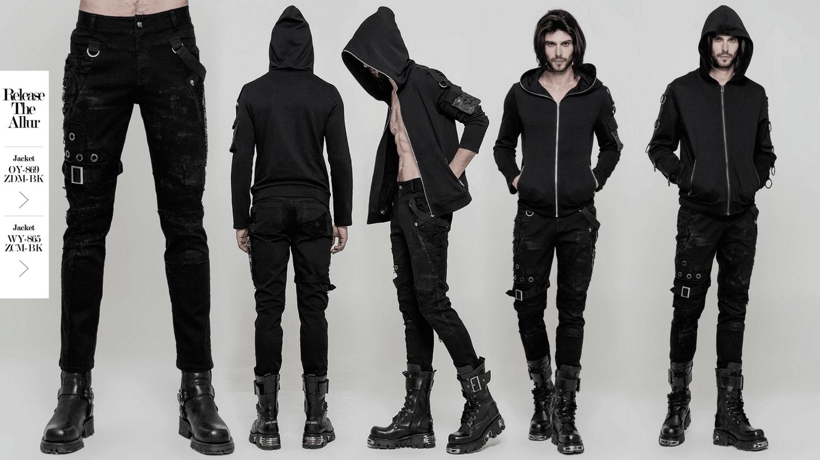 Komplette Produktpräsentation schwarzer Gothic-Jeans mit Mesh-Paneelen und Metallschnallen-Hardware auf Weiß