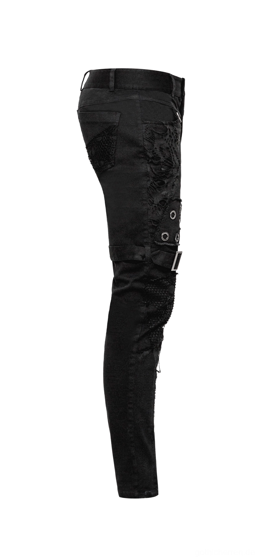 Seitenprofil schwarzer Denim-Beinhose mit zerrissenen Mesh-Stoffpaneelen und Metallösendetails
