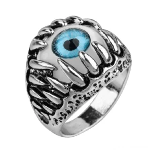 Gotischer Drachenkrallen-Boser-Blick-Ring mit blauem Harz-Auge, silberfarbiger Legierung, frontale Nahaufnahme aus oben, mystisches Statement-Schmuckstück mit detailliertem Krallenmuster
