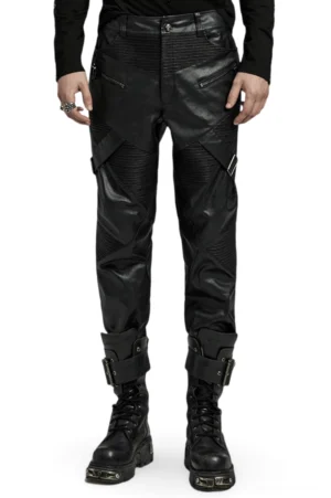 Gothic Drawstring Lederhose Frontansicht mit kreuzweisen Rippenpaneelen und Metall-Reißverschlussdetails in Schwarz