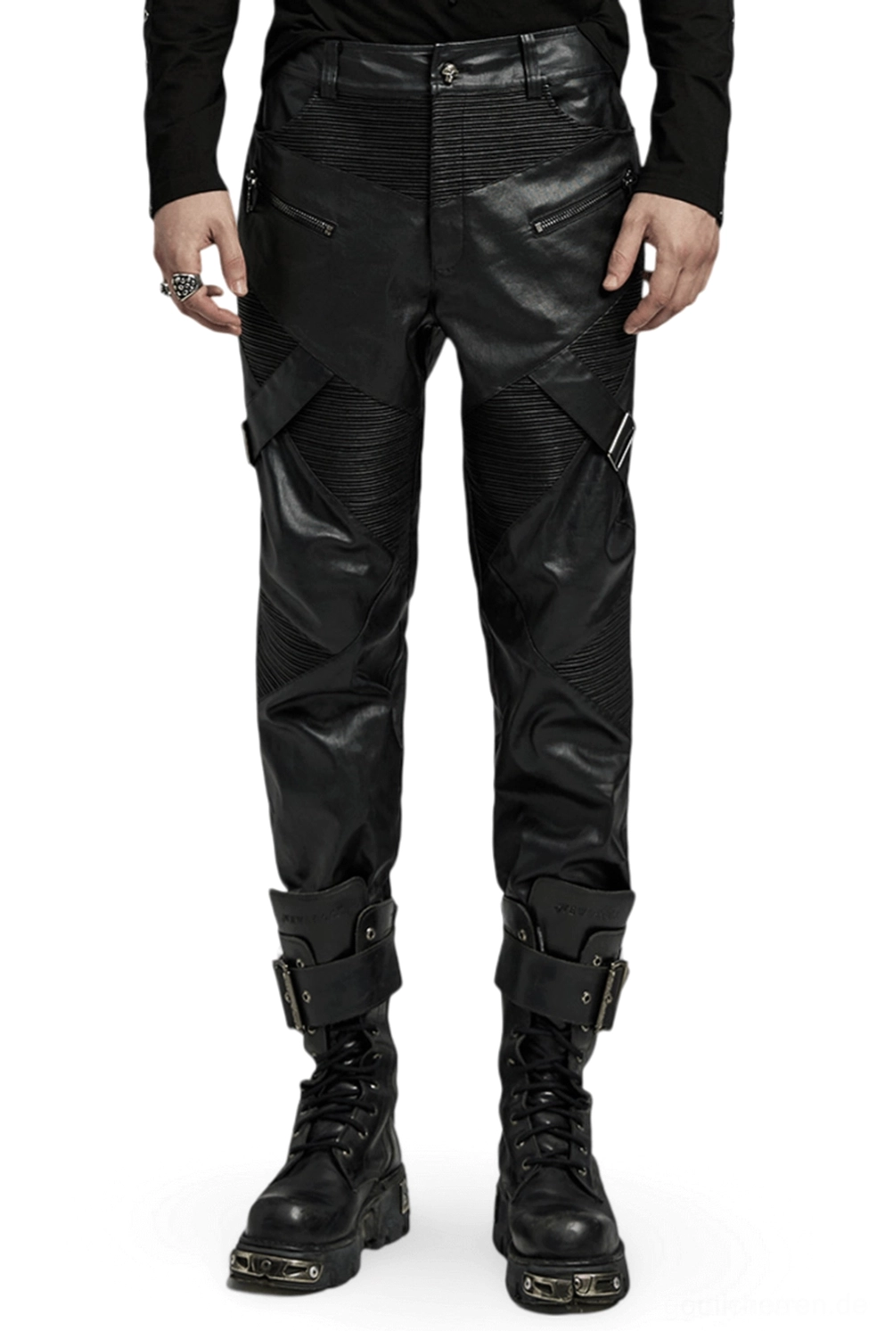 Gothic Drawstring Lederhose Frontansicht mit kreuzweisen Rippenpaneelen und Metall-Reißverschlussdetails in Schwarz