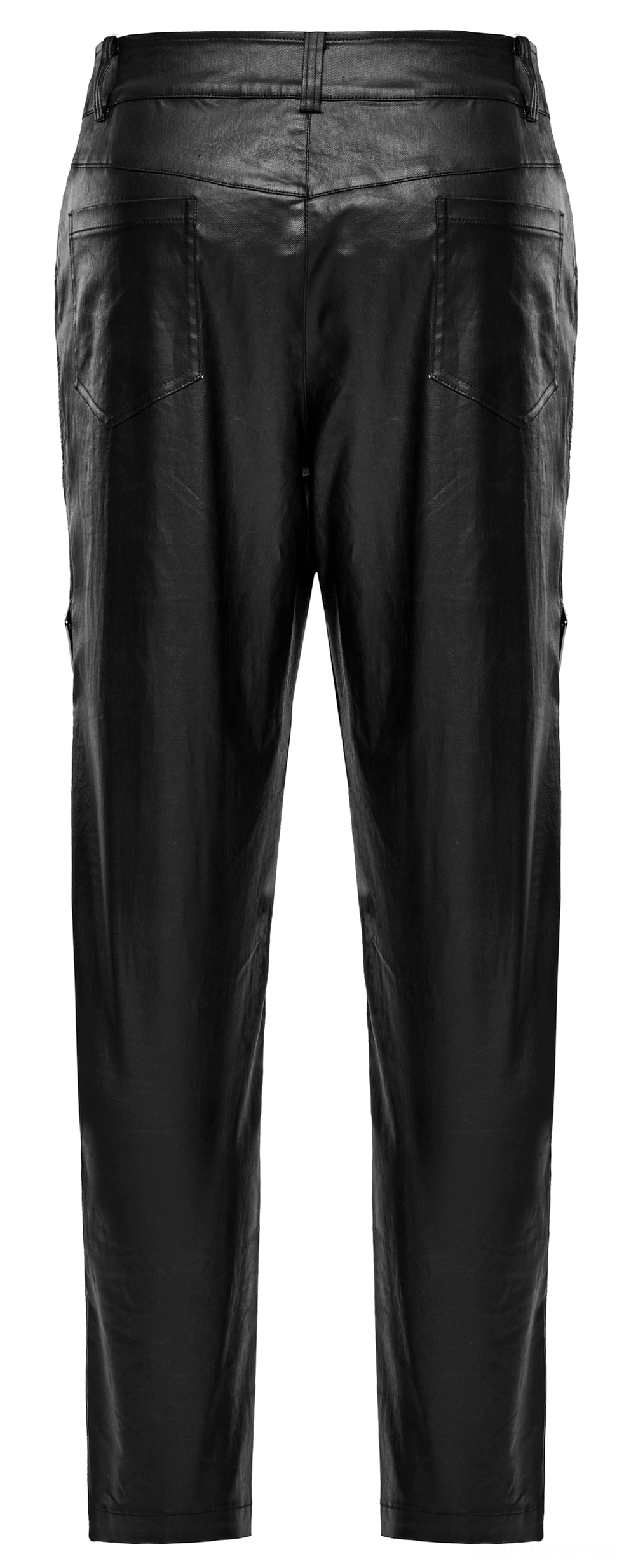 Flachlege Rückansicht in gewölbtem Winkel der Drawstring Gothic Hose mit matter Lederoberfläche und strukturiertem Design