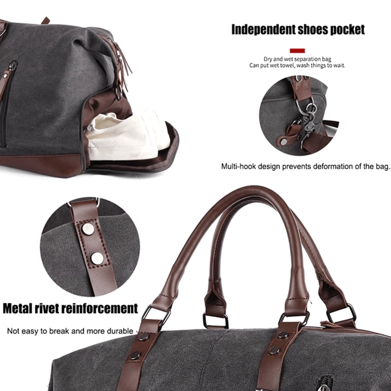 Gothic Herren-Duffel-Tasche Nahaufnahme zeigt Metallnieten-Verstärkung und Anti-Deformations-Strukturdetails mit Oxford Canvas Material