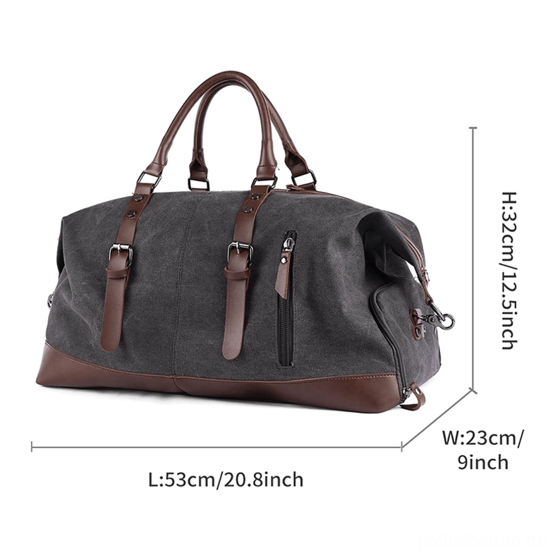 Dunkelgraue Gothic Duffel-Tasche Seitenprofil mit braunen Lederakzenten und Abmessungsmessungen 53x23x32cm in Zentimeter und Zoll