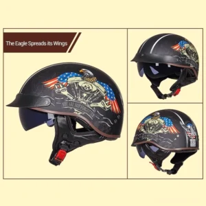 Mehrfachwinkelansichten DOT-zugelassener Gothic-Halbschalen-Motorradhelm mit Adlerdesign verschiedene Blickwinkel und Perspektiven