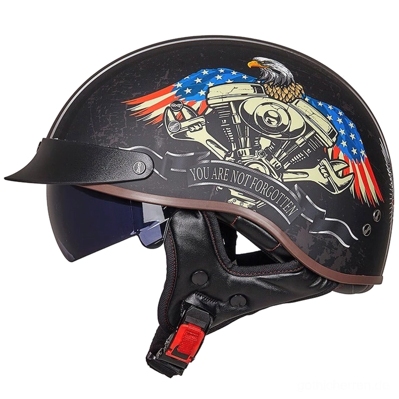 Gothic Eagle Halbschalen-Motorradhelm schwarzes Finish mit Adler- und US-Flaggen-Emblem Frontansicht DOT-zertifiziert