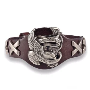 Kaffeebraunes Gothic Lederarmband mit Adler-Emblem und silberner Hardware – authentischer Biker-Schmuck mit Verstellmechanismus