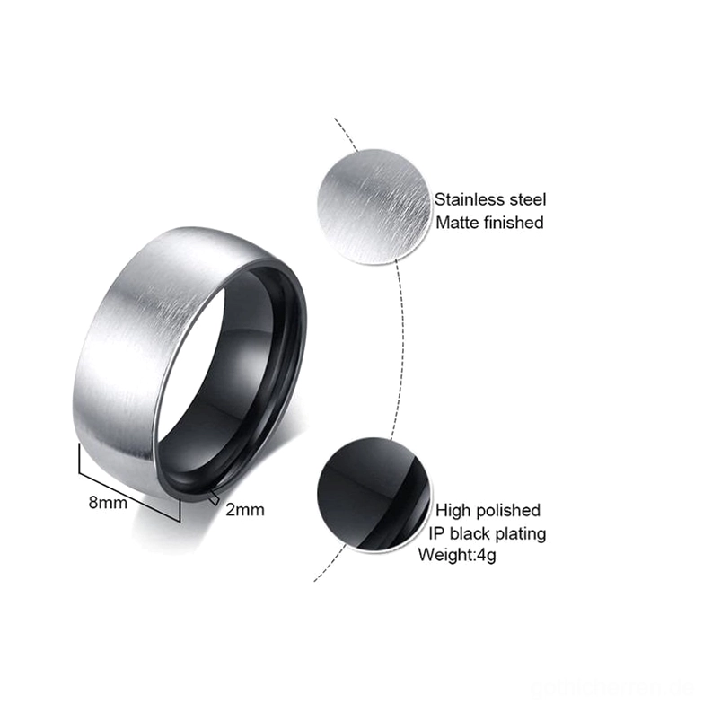 Technische Spezifikations-Infografik für den mattschwarzen Edelstahl-Gothic-Ring mit detaillierter Darstellung der 8mm Bandbreite, Messwerte, Materialzusammensetzung und IP-Black-Innenbeschichtung