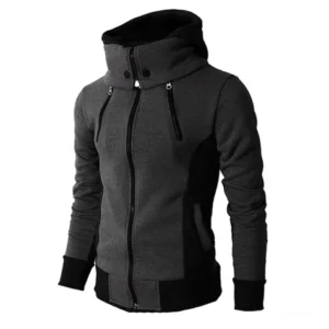 Gothic Farbblock Zip-Kapuzenpullover Dunkelgrau Vorderansicht mit schwarzen Kontrastkanten und dualen diagonalen Reißverschlüssen asymmetrisches Patchwork Design