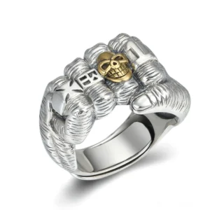 Gothic Faust-Schädel-Ring Frontalansicht Sterling Silber Unisex Alternative Schmuck Detail Draufsicht