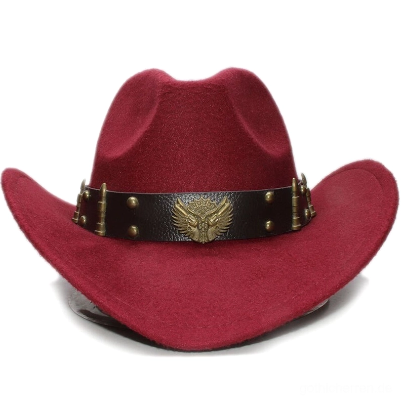 Gothic Fedora Hut mit Premium Wollfilz-Konstruktion und handgearbeiteten Metallnieten auf Lederband