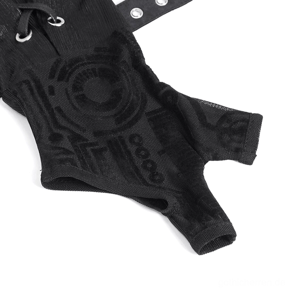 Einzelne schwarze fingerlose Arm Gauntlet in Flachlage mit Cyber-Tech-Stickerei und elastischer Gewebe-Konstruktion, gotische Handschuhe Detail