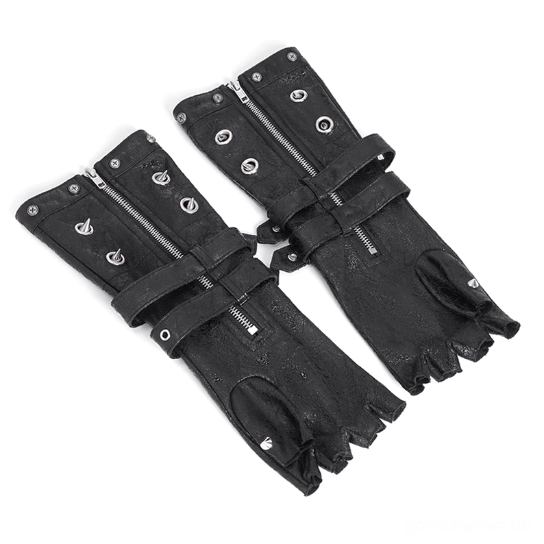 Fingerlose Biker Punk Gothic Lederbandschuhe in Flachlage mit schwarzem Leder, Metallreißverschlüssen, Schnallenbefestigern und Kegelniet-Hardware