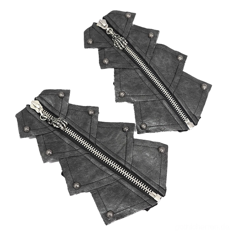 Draufsicht von schwarzen Gothic fingerlose Handschuhe mit langen Metall-Reißverschlüssen und eingeprägten Metallnieten auf distressiertem Kunstleder